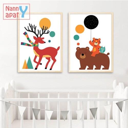 Nordic Art Cartoon Animals Baby Room Decoration Bear Elephant Tiger Poster Canvas Painting Kawaii Cartoon Printed Wall Picture