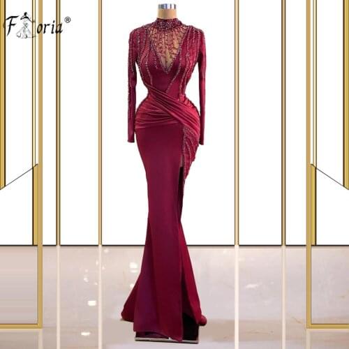 Wine Red Long Sleeve Evening Dress 2021 High Neck Beaded Side Split Prom Gowns Skinny Wedding Party Dresses les robe soiree