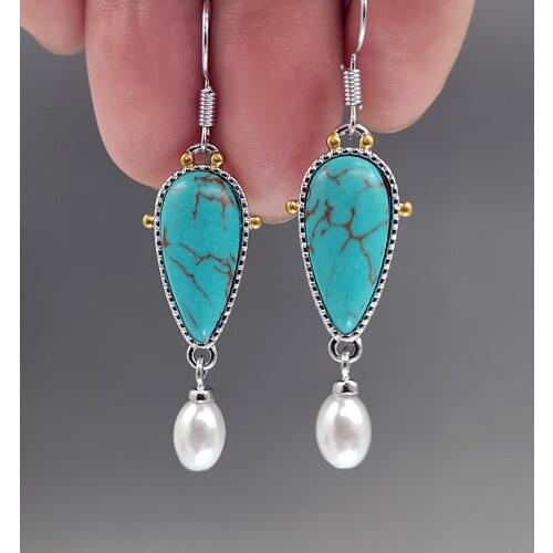 Vintage Water Drops Turquoises Lady Long Drop Earring Bohemian Handmade Blue Color Fashion Jewelry