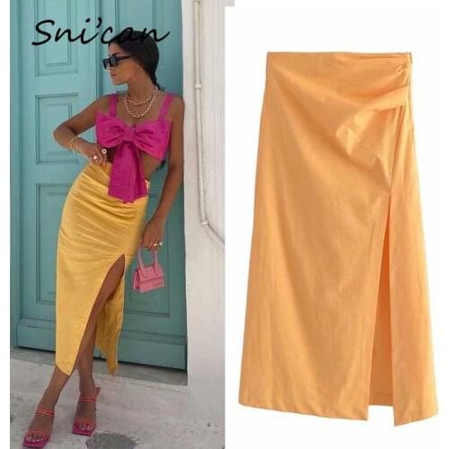 Za Solid High Waist Skirt Summer Fashion Women Asymmetrical Ruched Slit Faldas Mujer Vintage Ladies Bottom Jupe Longue 2021 New