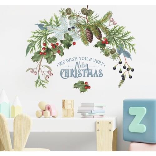 Green Plant Pine Cones Branch Wall Stickers Christmas Decoration 2022 New Year Decor Glass Window Door Posters Home Mural Vinyls