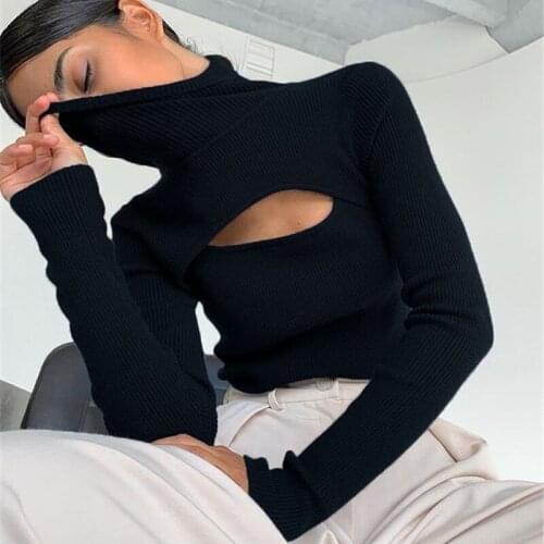 Female T-shirt Stretchy Ribbed Knitted Long Sleeve T Shirt Women Pullover Hollow Tshirt Sexy High-Necked Slim Black Tees Tops
