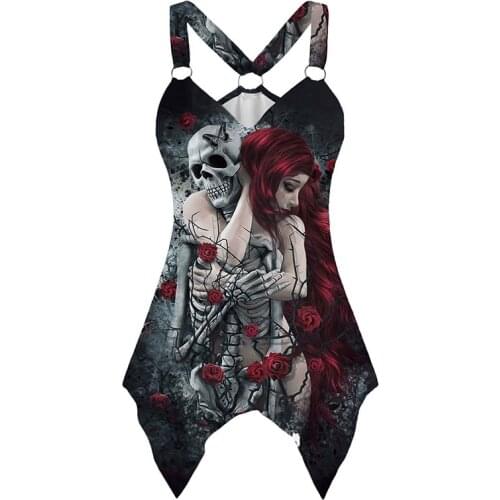 V-neck Sleeveless Graphic T Shirts for Women Summer Plus Size 5XL Goth Y2k Tank Top Tees Harajuku Skeleton Rose Tshirts Clothing
