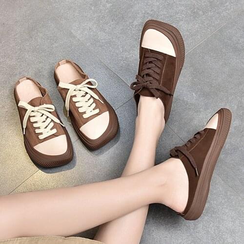 Half slippers womens 2021 spring and summer new cool slippers contrast color retro handmade Square lace up soft soled shoes