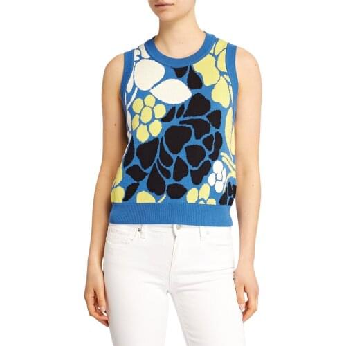 Women Autumn Polyester Knitted Sweater Vest Blue Floral Printed Pattern Round Collar Sleeveless Tops S/ M/ L
