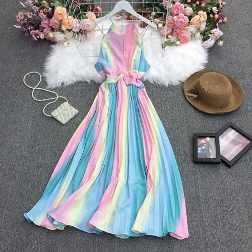 2021 Sexy Long Rainbow Dress For Women Halter Neck Pleated Design Sleeveless Summer Strap Dress Beach Vestidos Bohemia ZH1035