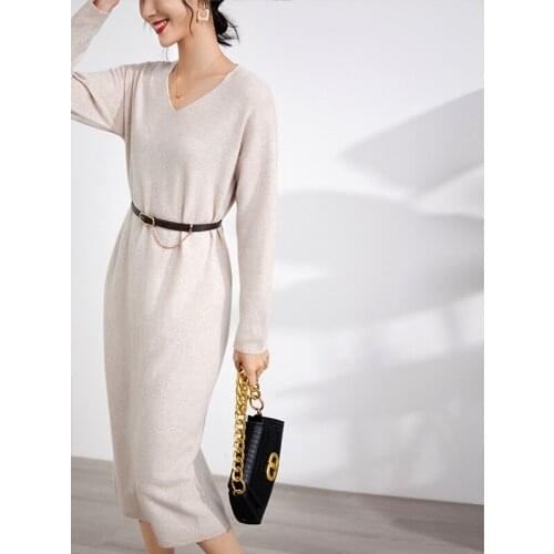 Wool Knitted Dress Women 2021 Fall Winter Mid-length Sweater Dress V-neck Loose Long-sleeved Bottoming Skirt 100% Wool Commuter