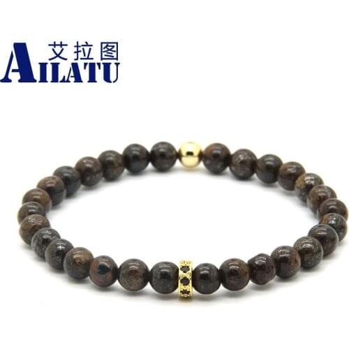 Ailatu Summer Menss Jewelry 6mm Natural Bronzite Stone Beads with Micro Inlay Black Zircons Spacer Cz Bracelet