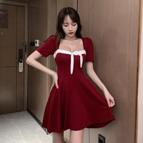 B4440 2020 new summer women fashion temperament sexy square collar stitching retro high-waisted dress cheap wholesale