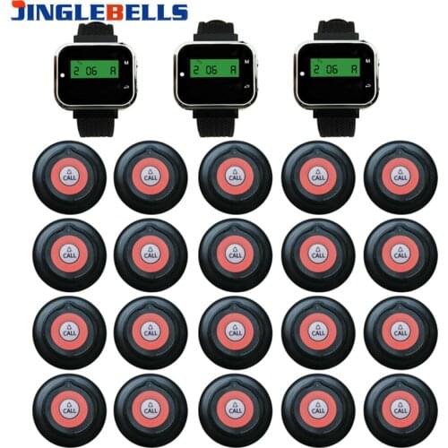 Wireless Paging Systems 20 Transmitters+3 Watch Pager Black With USB Interface For Factory Hotel Cafe Buttons Restaurant