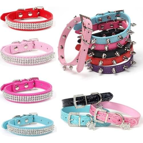 Bling Rhinestone Puppy Dog Collars Adjustable PU Leather Pet Collar for Small Medium Large Dogs Pug Chihuahua Pet Accessories