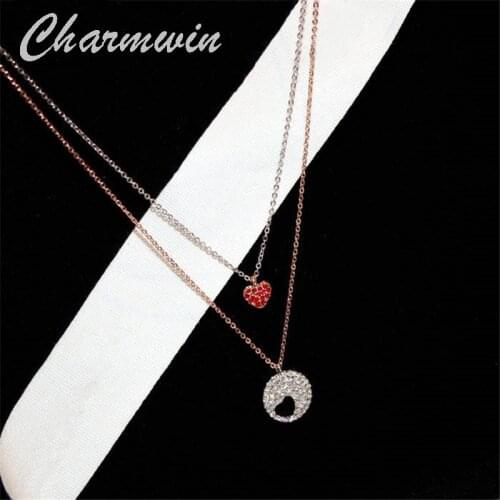 Charmwin New Fashion Classic Round Heart-shaped Pendant Necklaces For Women Rhinestone Double Layer Chain Short Necklace PN0324