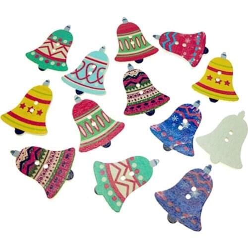 50pcs 25x20mm Mixed Christmas Bells Wooden Buttons For Clothes Crafts Sewing Decorative Needlework Scrapbooking DIY Accessories
