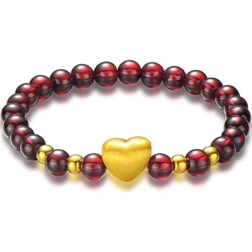 Hot sale 999 24k Yellow Gold 3D Heart Garnet Beads Elastic Line Bracelet
