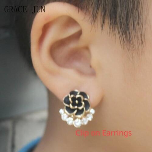 GRACE JUN Gold Black Color Rhinestone Enamel Flower Shape Clip on Earrings for Women Bridesmaid Wedding Vintage Cuff Earrings