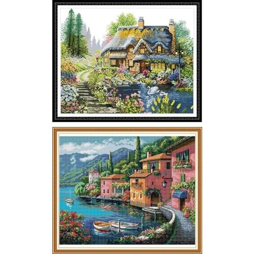 Joy sunday Holiday Villa 11CT 14CT Embroidery Stamped Printed Canvas DMC Cross Stitch Kits Home Decor Needlework Fabric Pattern