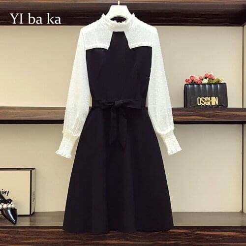 L-5XL plus size women autumn winter dress vestido 2020 fashion long sleeve patchwork elegant vintage knee length dresses