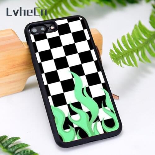 LvheCn Silicone Rubber Phone Case Cover for iPhone 6 6S 7 8 Plus X XS XR 11 12 Mini Pro Max Green Flame Checkerboard