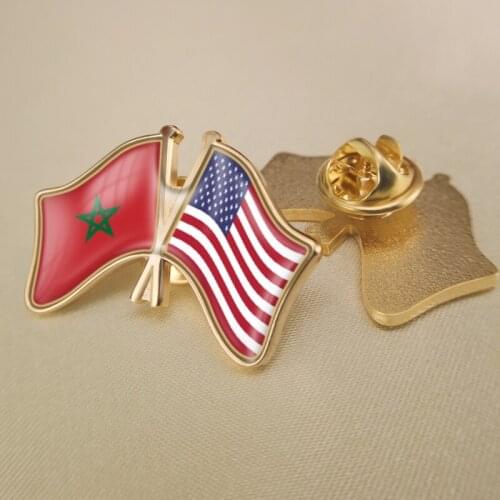Morocco and United States Crossed Double Friendship Flags Lapel Pins Brooch Badges