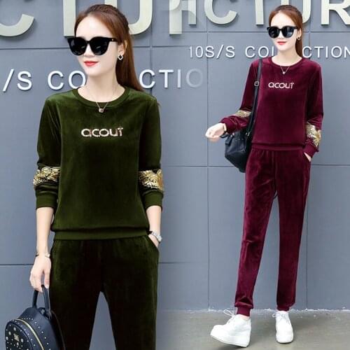 Fashionable female clothing Womens sports suit Spring autumn 2 piece set Gold velvet Tracksuits for women Casual two-piece suit