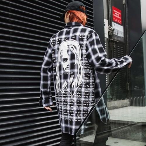 Extra long Mens printed plaid shirt long sleeve Red Black Blue Yellow color Hiphop Spring Autumn Summer