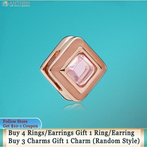 Ahthen 925 Sterling Silver Bead Pink Square Clip Charm fit Original Pandora Bracelets for Women Jewelry Making Brithday Gift