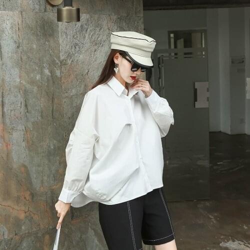 210841 Autumn New Fashion Women Shirt Solid Color Simple Loose Irregular Wrinkle Top Plus Size