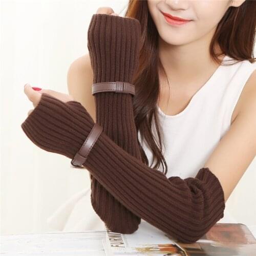 Autumn Winter 45cm Womens Arm Warmers Knitted Arm Sleeve Solid Superfine Long Knitted Fingerless Gloves With decorative strips