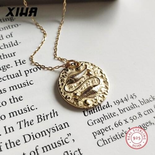 Fish 925 Sterling Silver Zodiac Necklace Pendant for Women 12 Constellation Pisces Gold Color Vintage Long Coin Necklace 2019
