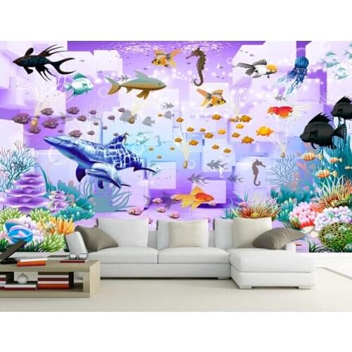 Custom papel DE parede infantil, underwater world murals for children room bedroom setting wall waterproof silk cloth wallpaper