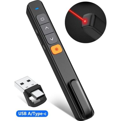 2.4GHz Presentation Clicker 100FT Hyperlink Volume Control with Type C/USB Red Laser Wireless Presenter for Powerpoint Clicker