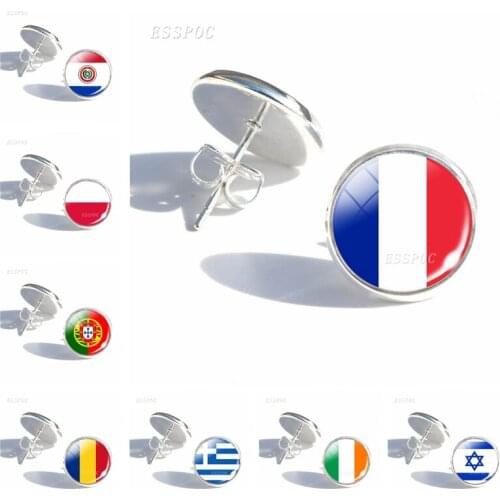 Soccer Fans Earrings Football Girls Ear Nail Jewelry Italy Brazil Argentina Flag Glass Dome Stud Earrings Football Fans Gifts