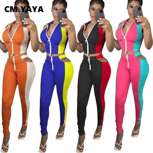 CM,YAYA Patchwork Active Womens Tracksuit Zipper Up Tops and Cut Out Leggings Matching Two 2 Piece Set Yoga Sweatsuit Outfits