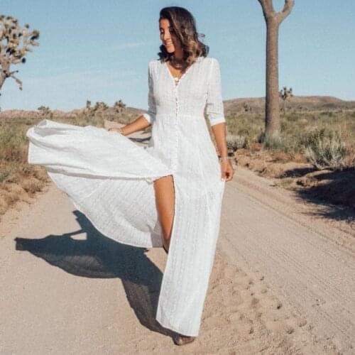 TEELYNN White Floral Lace Maxi Dresses For Women Vintage V Neck Shirt Dress Autumn Boho Beach Long Vestidos Split Casual Robe