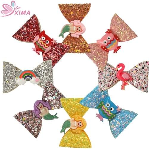 XIMA 8pcs/lot 2.5inch Glitter Bows Cartoon Hairpins Barrettes Mermaid Hair Clips for Kids Flamingo Owl Hair Accessories