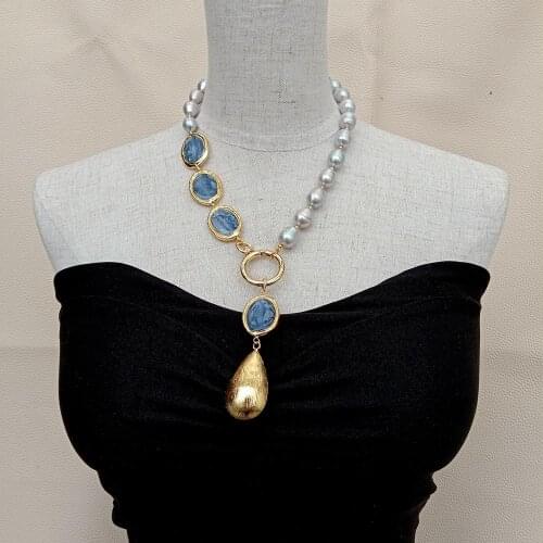 YYGEM natural Gray Rice Pearl Freshwater Cultured Oval Blue Kyanite Gold color brushed beads pendant Necklace 19"