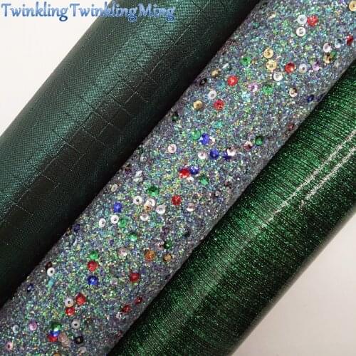 GREEN Glitter Fabric, Weaving Embossed Synthetic Leather Fabric Sheets For Bow A4 21x29CM Twinkling Ming XM943