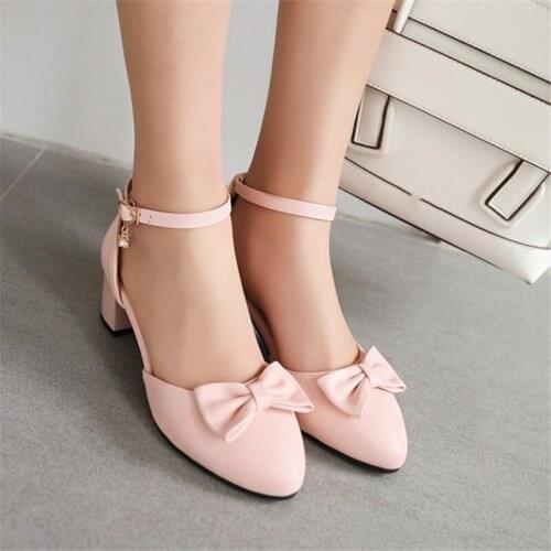 PXELENA Sweet Bowtie Women Block Square Med Heels Sandals Ankle Strap Round Toe Lady Dress Party Office Shoes Beige Pink Black