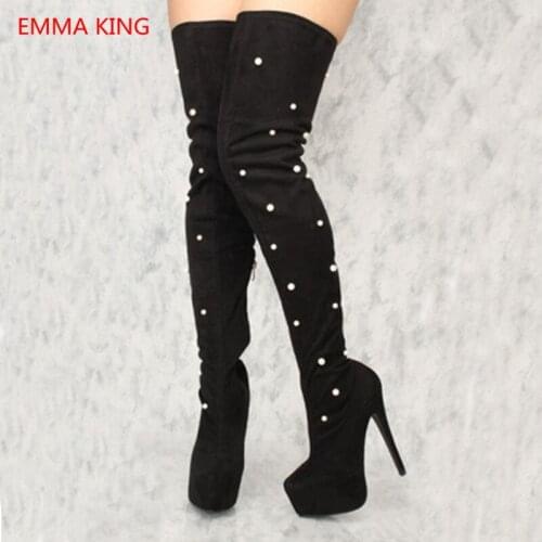 2018 Winter Women Thigh High Boots Flock Pearls Studded Platform High Heels Shoes Woman Over The Knee Boots Zapatillas Mujer