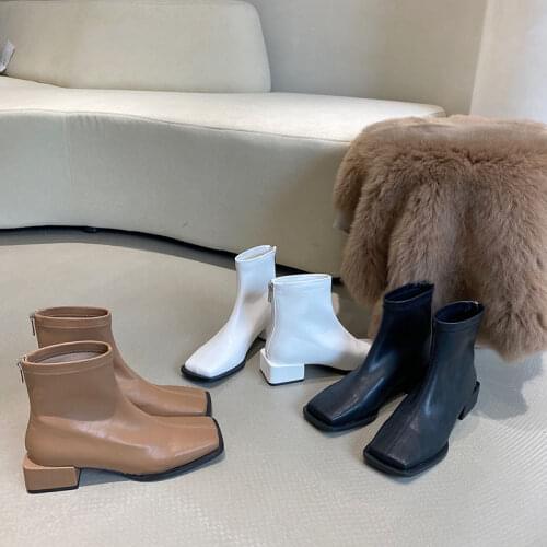 Women Ankle Boots Woman Low Square Heel Fashion Zipper Shoes 2021 Autumn Winter PU Leather Womens Booties Free Ship