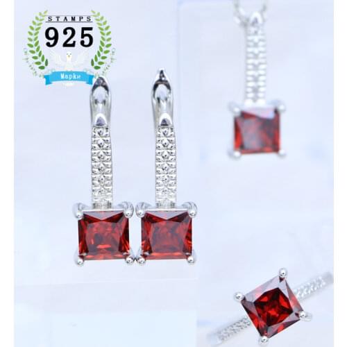 Woman Earrings Ring Pendant Necklace 925 Silver Jewelry Square Garnet Red Stone Jewelry Set Wedding Accessories