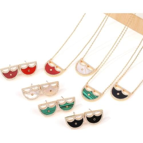 2021 Women Fashion 2 Pcs Necklace & Earring Fan Shape Design Arabic Mask Style Gold Wedding Bride Luxury Jewelry Set