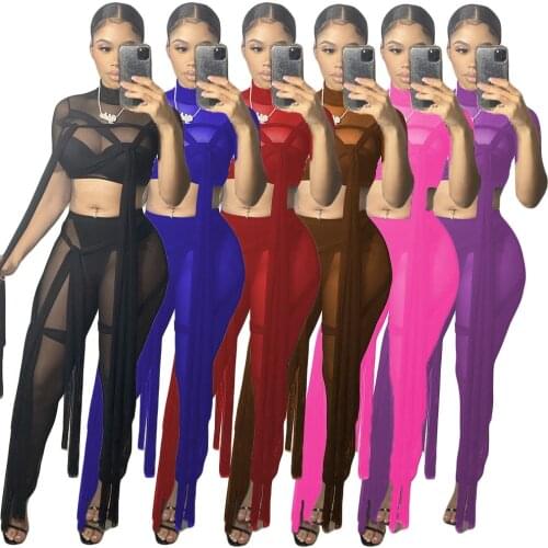 See Through Women Sheer 2 Piece Set Bandage Crop Tank Top + High Waist Skinny Leggings Club Party Outfits 2021 Summer Tracksuits