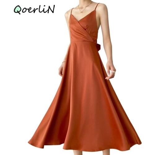2020 Women Satin Deep V Neck Sexy Dress Solid Straight Backelss Bowtie Party Dress Elegant Female Summer Spaghetti Strap Dress