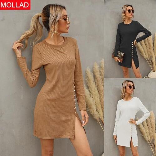 European and American Foreign Trade Womens Clothing Popular Spring and Autumn round Neck Button Split Long Sleeve Dress