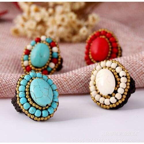 European and American Style Original Personality Bohemian Pine Stone Womens Manual Woven Ring