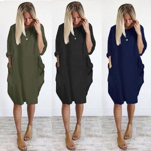 Women Casual Solid Color O Neck Long Sleeve Pockets Knee-Length Baggy Dress Vestidos Streetwear Casual Dresses Woman Plus Size