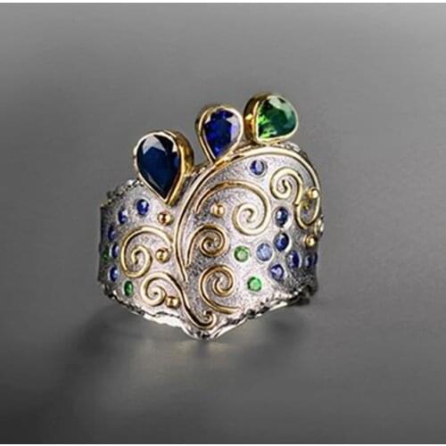 Vintage Jewelry Water Drop Blue Green Cubic Zirconia Cocktail Ring for Women Fashion Accessories Party Jewelry Female Ring Gifts