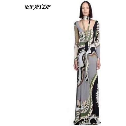 New Womens Luxury Brands Vintage Jersey Silk Dress Long Sleeve Bohemia Printed Bodycon Spandex Stretchable Signature Maxi Dress