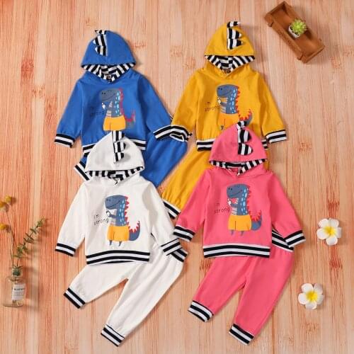 2Pcs Toddlers Spring Outfits Dinosaur Print Hooded Long Sleeve Sweatshirt + Casual Pants for Baby Girls Boys 4 Colors